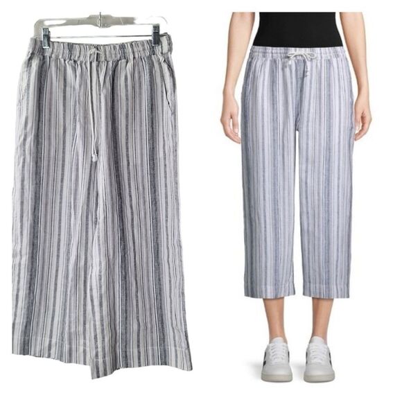 beachlunchlounge Margot Small Linen Cotton Striped Wide Leg Cropped Pant Pockets - Picture 1 of 13